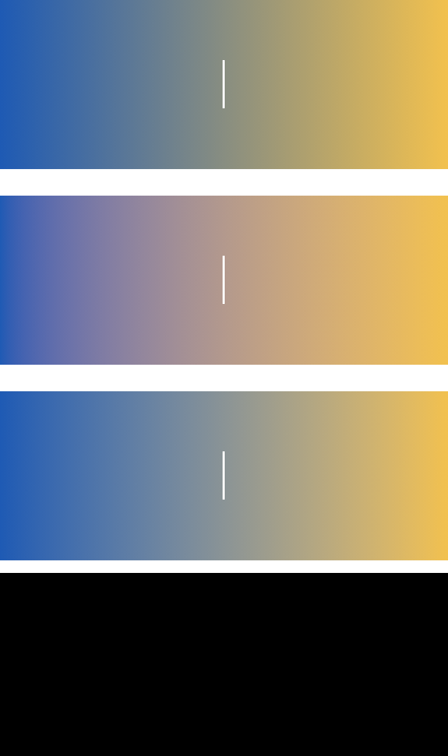 Three CSS gradients in Chrome at the same width and height. Top: default linear gradient. Middle: linear gradient in srgb-linear. Bottom: linear gradient in Oklab. A white marker line crosses each box at the centre.