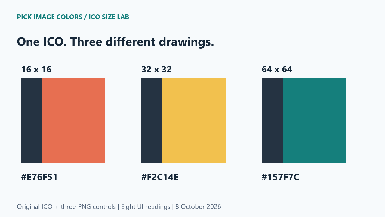 Three original icon drawings with the same dark strip and different coral, yellow and teal centers.