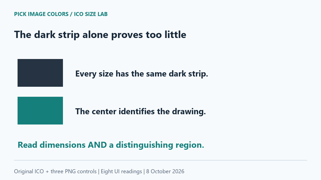 A shared dark strip cannot identify the image size; the distinctive center and dimensions can.