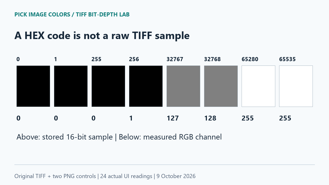 Eight raw TIFF sample values above grayscale bars, with their measured RGB channel values below.